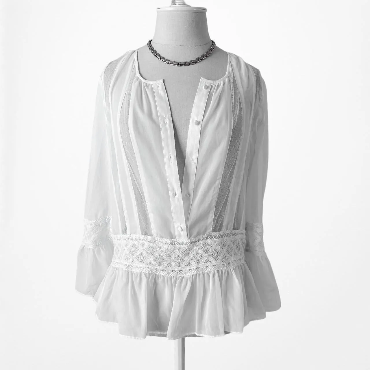 Candela White Sheer Lace Button Down Bell Sleeve Peplum Blouse Top Size XS