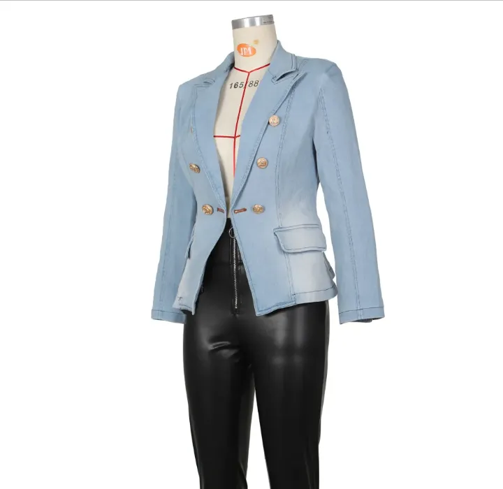 Fashion Double Breasted Denim Jacket Coats