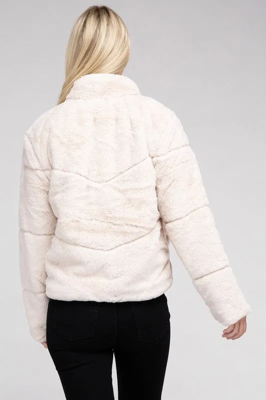 Fluffy Zip-Up Sweater Jacket with Collar and Pockets