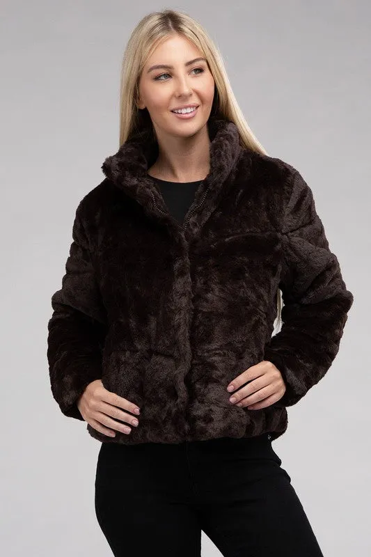 Fluffy Zip-Up Sweater Jacket with Collar and Pockets