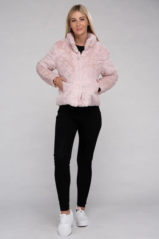 Fluffy Zip-Up Sweater Jacket with Collar and Pockets