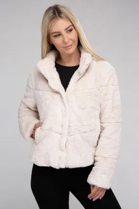 Fluffy Zip-Up Sweater Jacket with Collar and Pockets