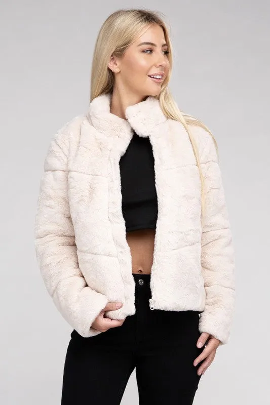 Fluffy Zip-Up Sweater Jacket with Collar and Pockets