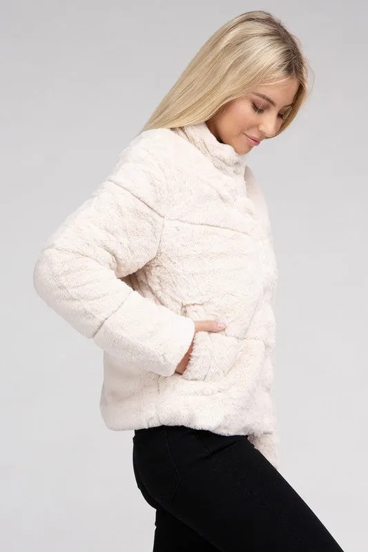 Fluffy Zip-Up Sweater Jacket with Collar and Pockets