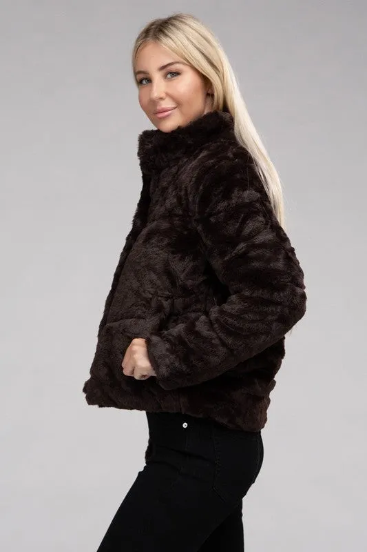 Fluffy Zip-Up Sweater Jacket with Collar and Pockets