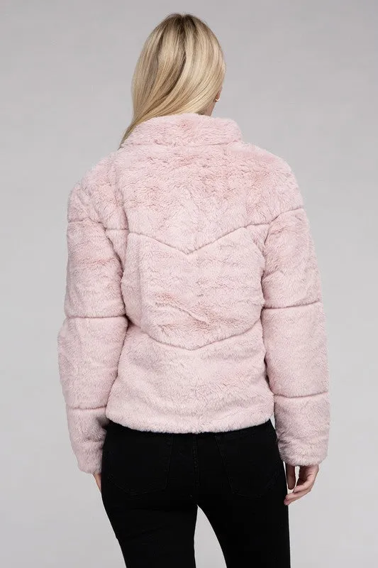 Fluffy Zip-Up Sweater Jacket with Collar and Pockets
