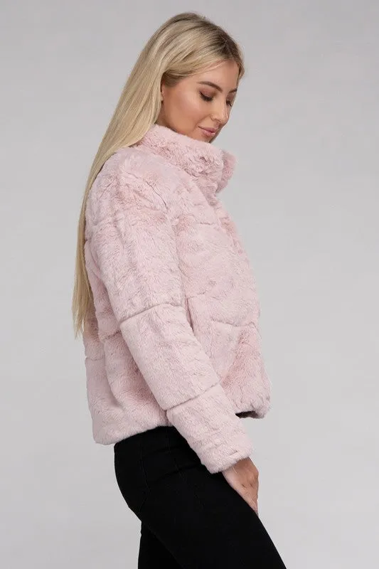 Fluffy Zip-Up Sweater Jacket with Collar and Pockets