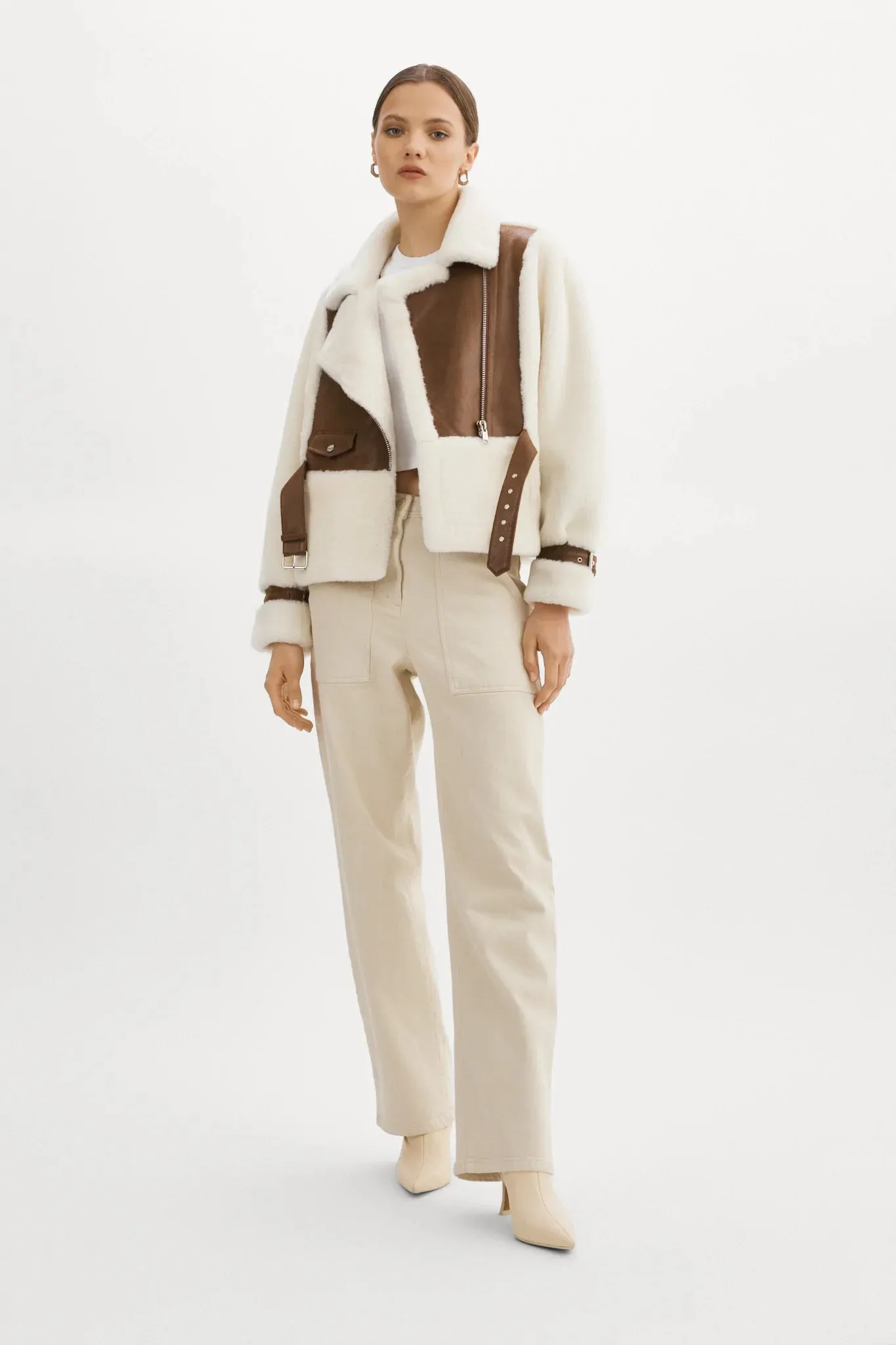 Lamarque Elody Mixed Media Faux Fur Jacket- Ivory Brown