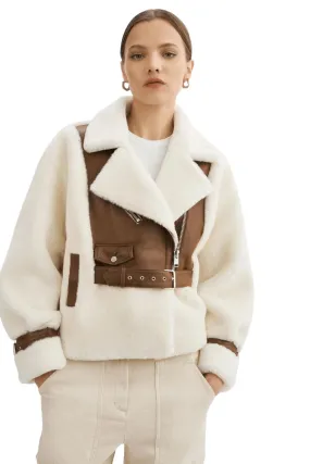 Lamarque Elody Mixed Media Faux Fur Jacket- Ivory Brown