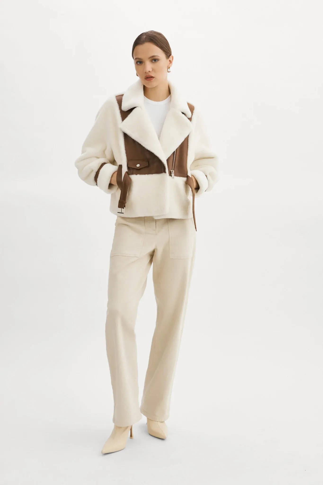 Lamarque Elody Mixed Media Faux Fur Jacket- Ivory Brown