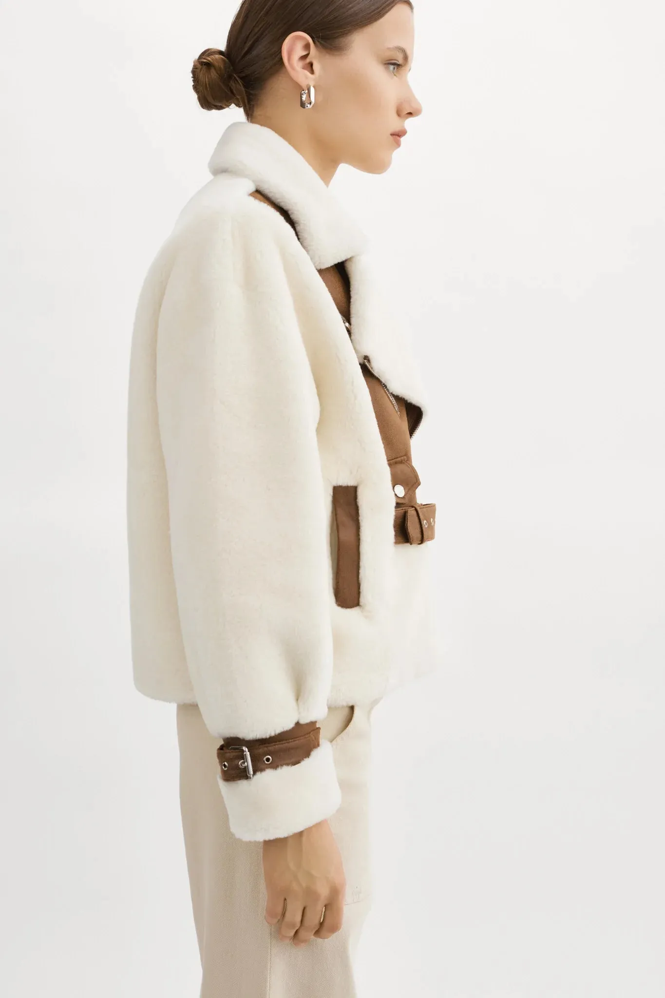 Lamarque Elody Mixed Media Faux Fur Jacket- Ivory Brown
