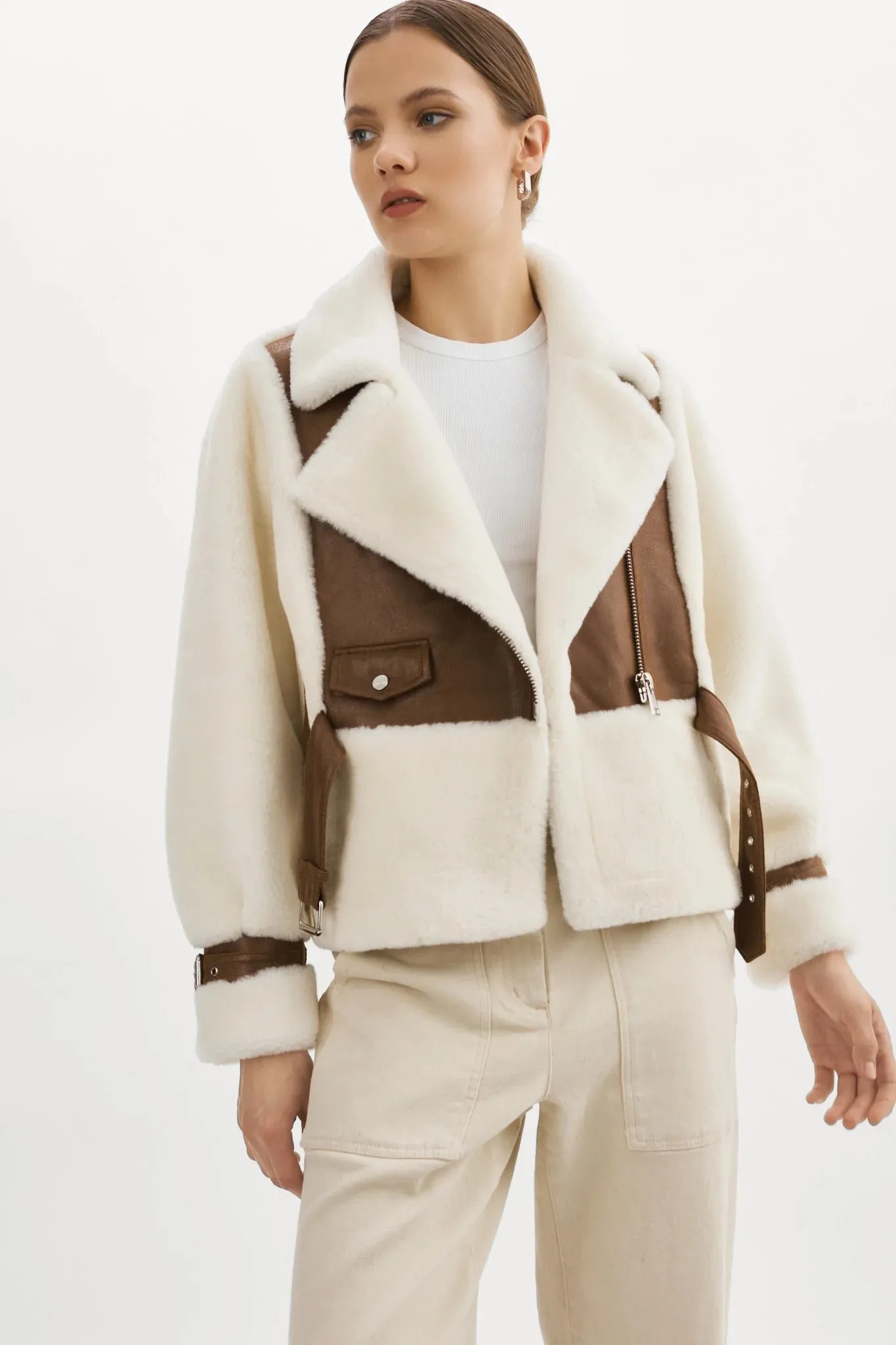 Lamarque Elody Mixed Media Faux Fur Jacket- Ivory Brown