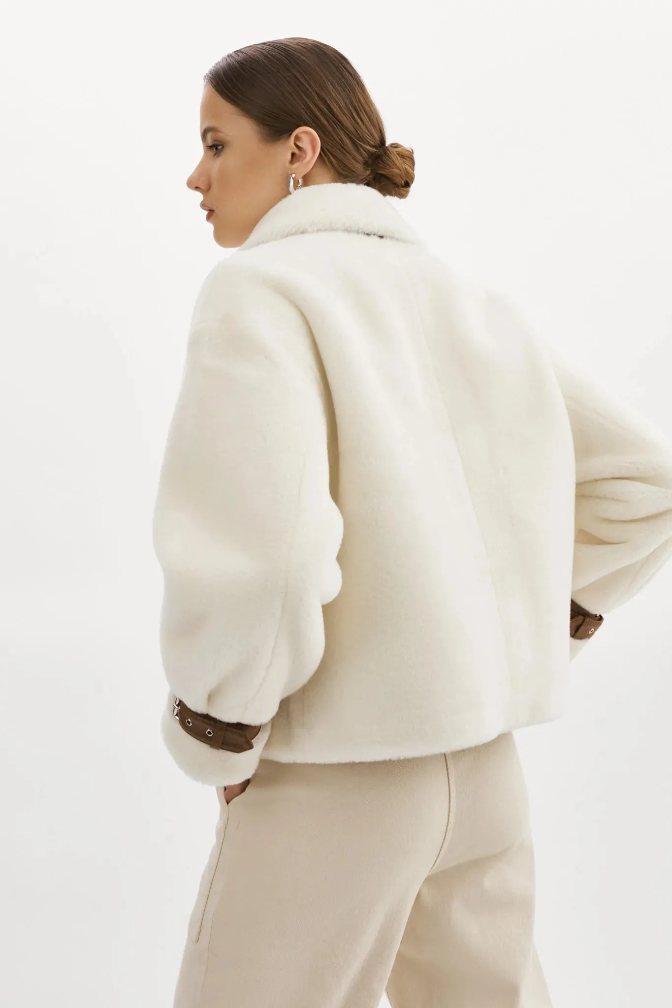 Lamarque Elody Mixed Media Faux Fur Jacket- Ivory Brown