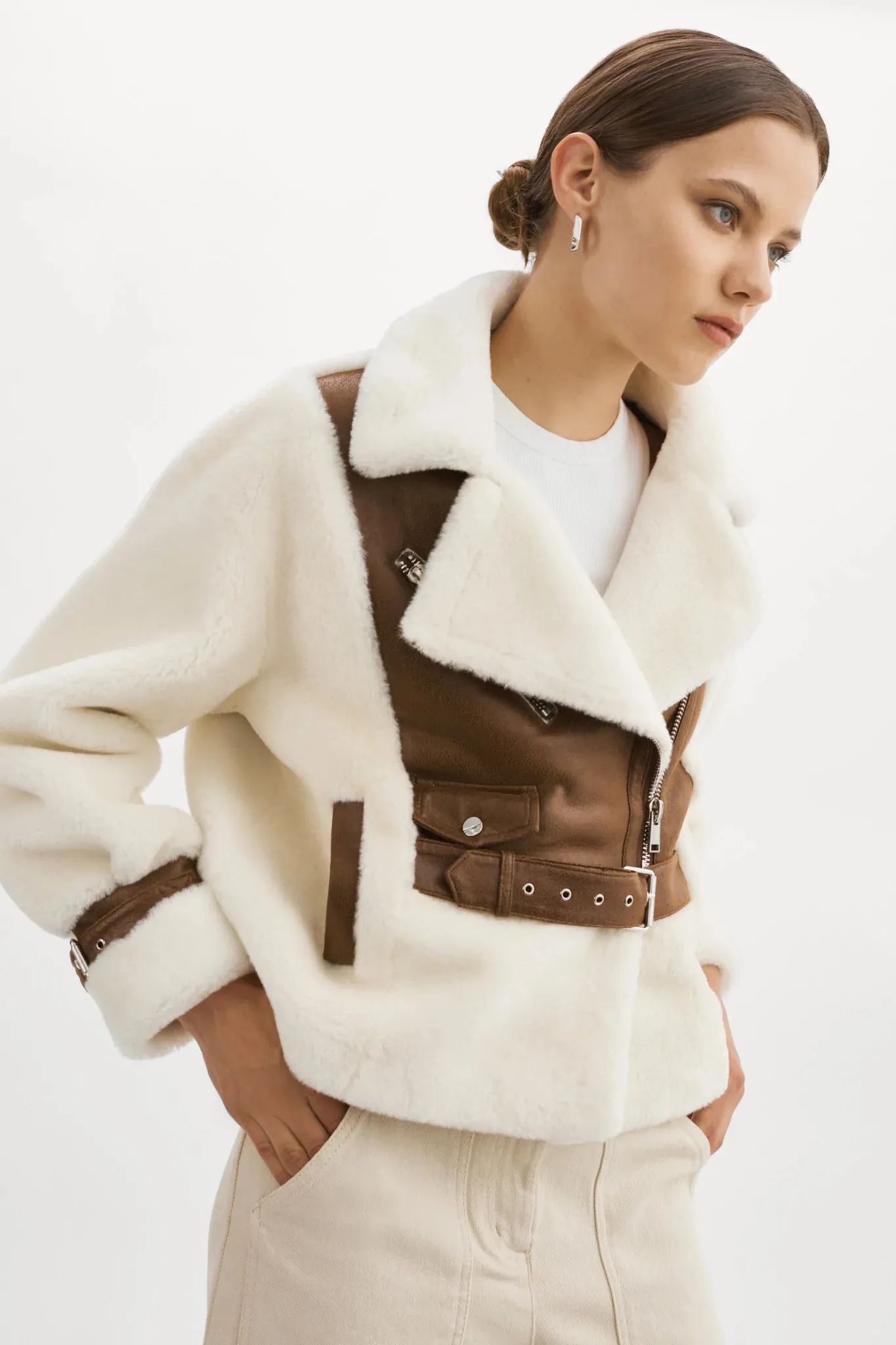 Lamarque Elody Mixed Media Faux Fur Jacket- Ivory Brown