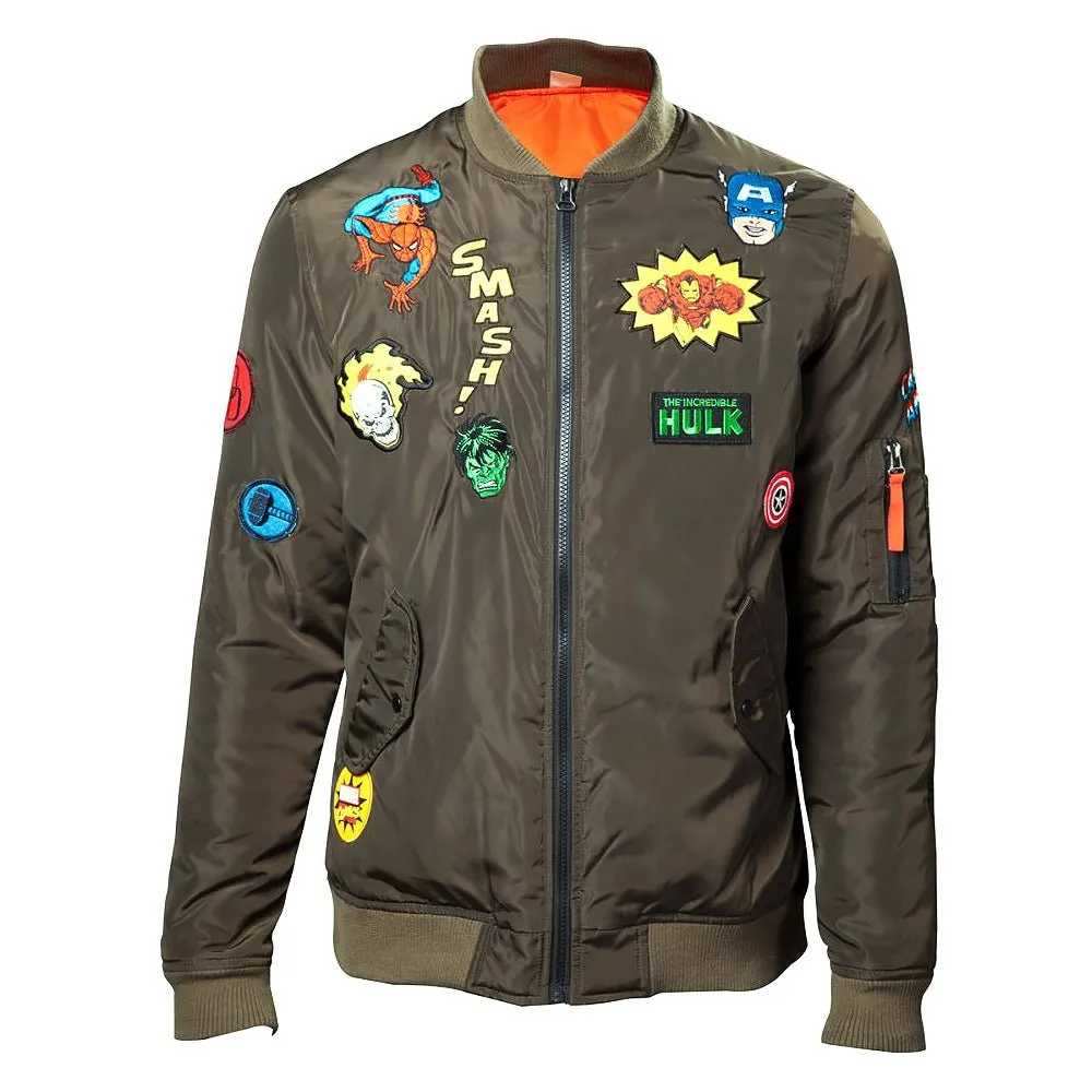 Marvel Men's Olive Bomber Jacket with Patches