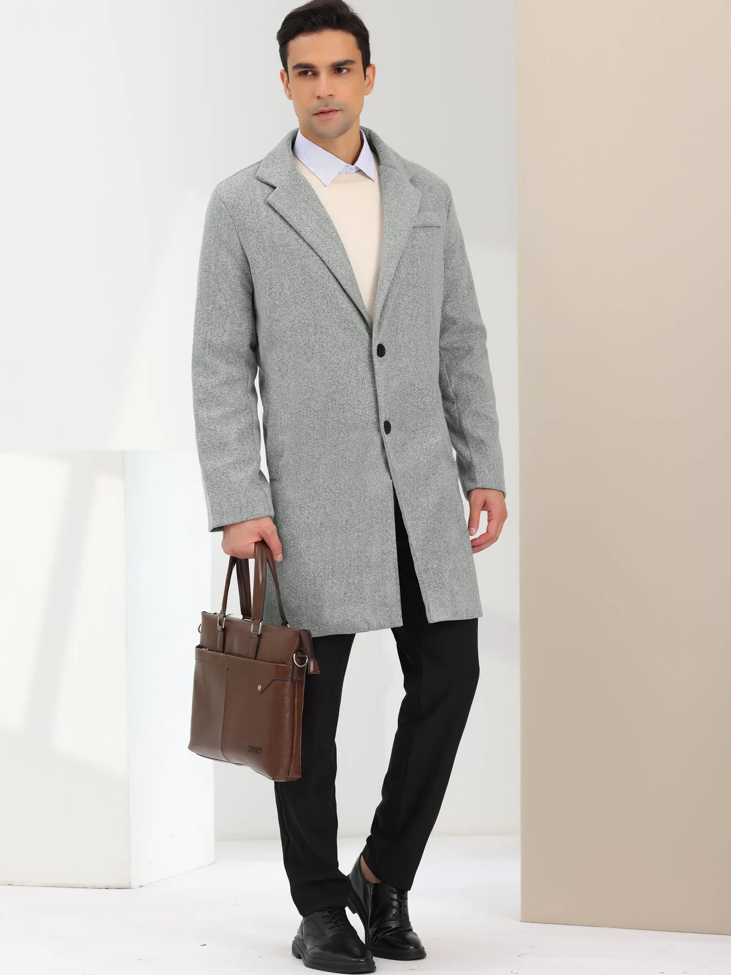 Men's Trench Coat Single Breasted Lapel Collar Mid-Length Solid Overcoat