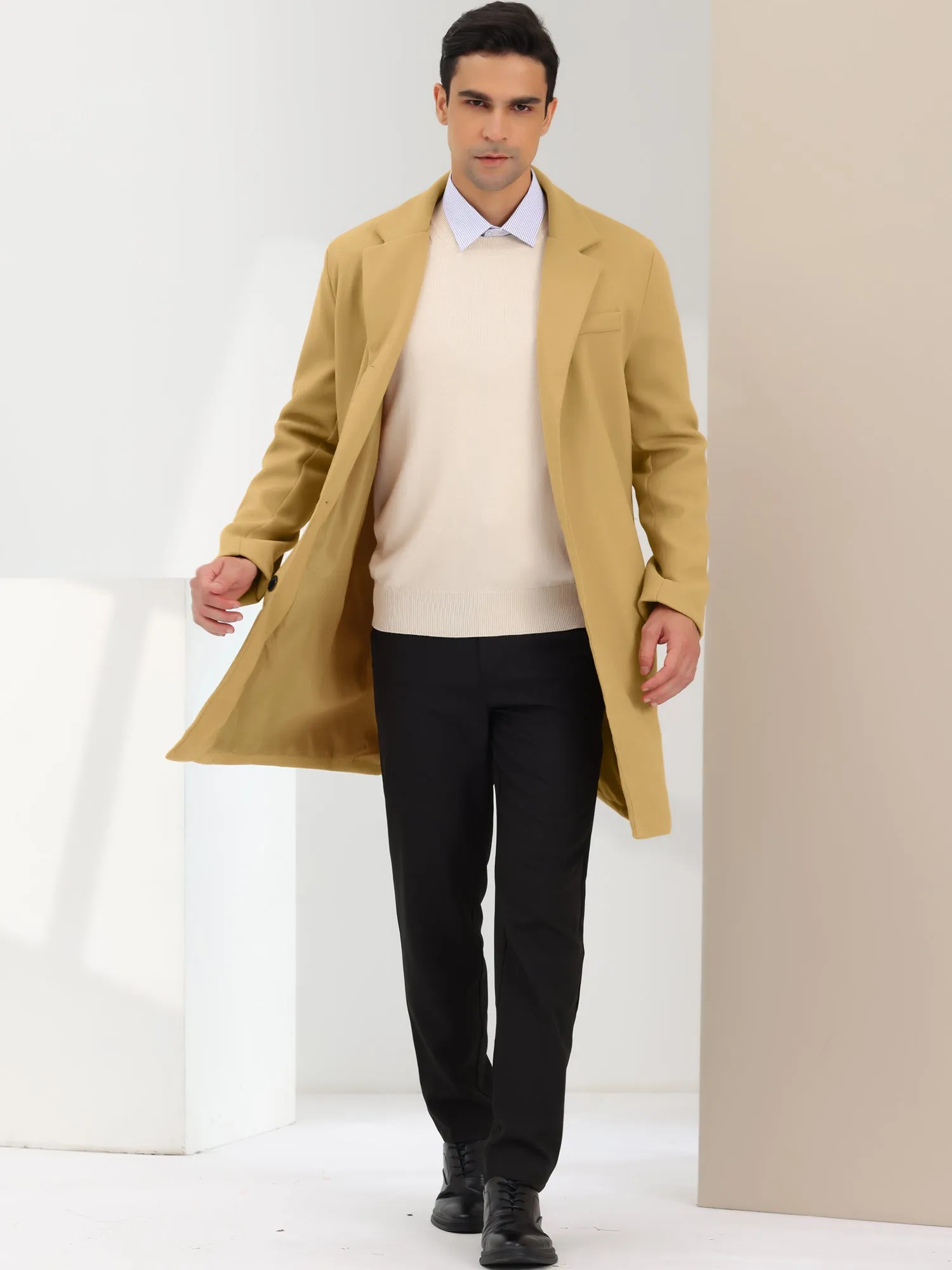 Men's Trench Coat Single Breasted Lapel Collar Mid-Length Solid Overcoat
