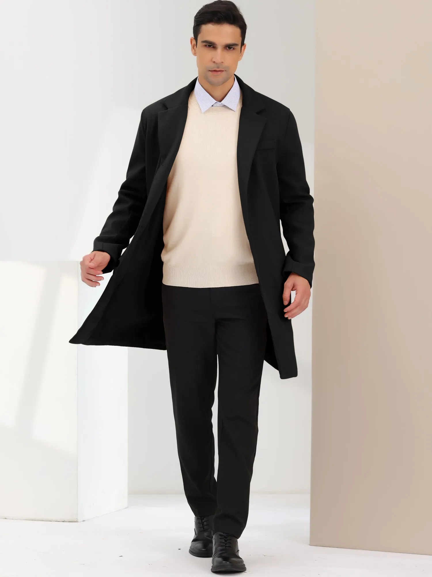 Men's Trench Coat Single Breasted Lapel Collar Mid-Length Solid Overcoat