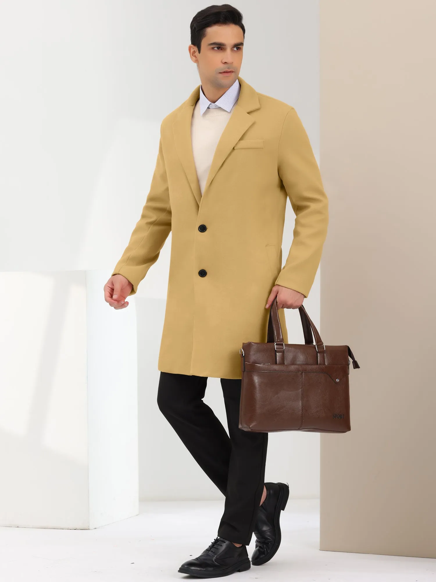 Men's Trench Coat Single Breasted Lapel Collar Mid-Length Solid Overcoat