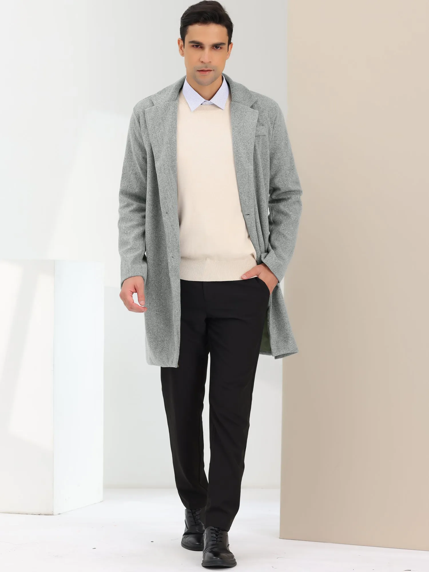 Men's Trench Coat Single Breasted Lapel Collar Mid-Length Solid Overcoat