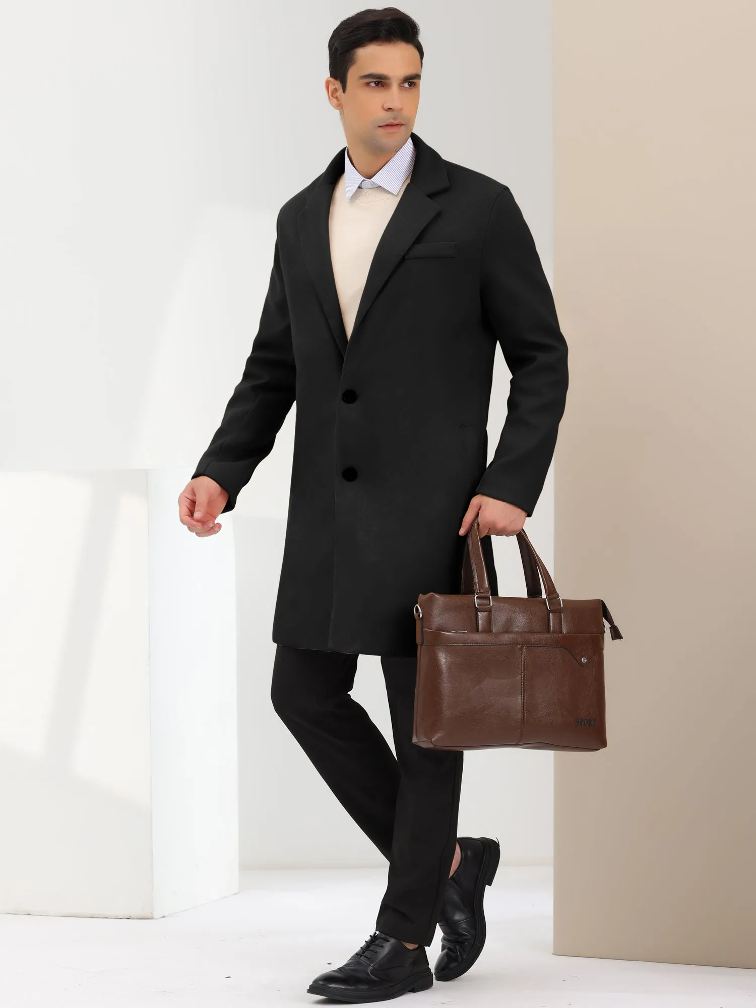 Men's Trench Coat Single Breasted Lapel Collar Mid-Length Solid Overcoat