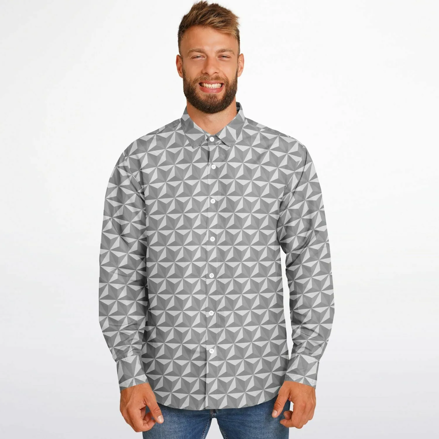 Spaceship Earth Long Sleeve Button Down Shirt - Grey