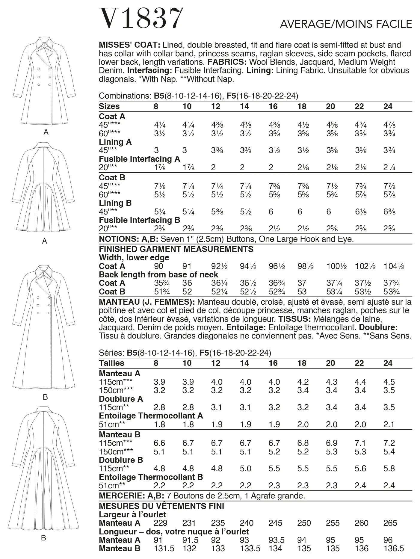 V1837 Misses' Coat