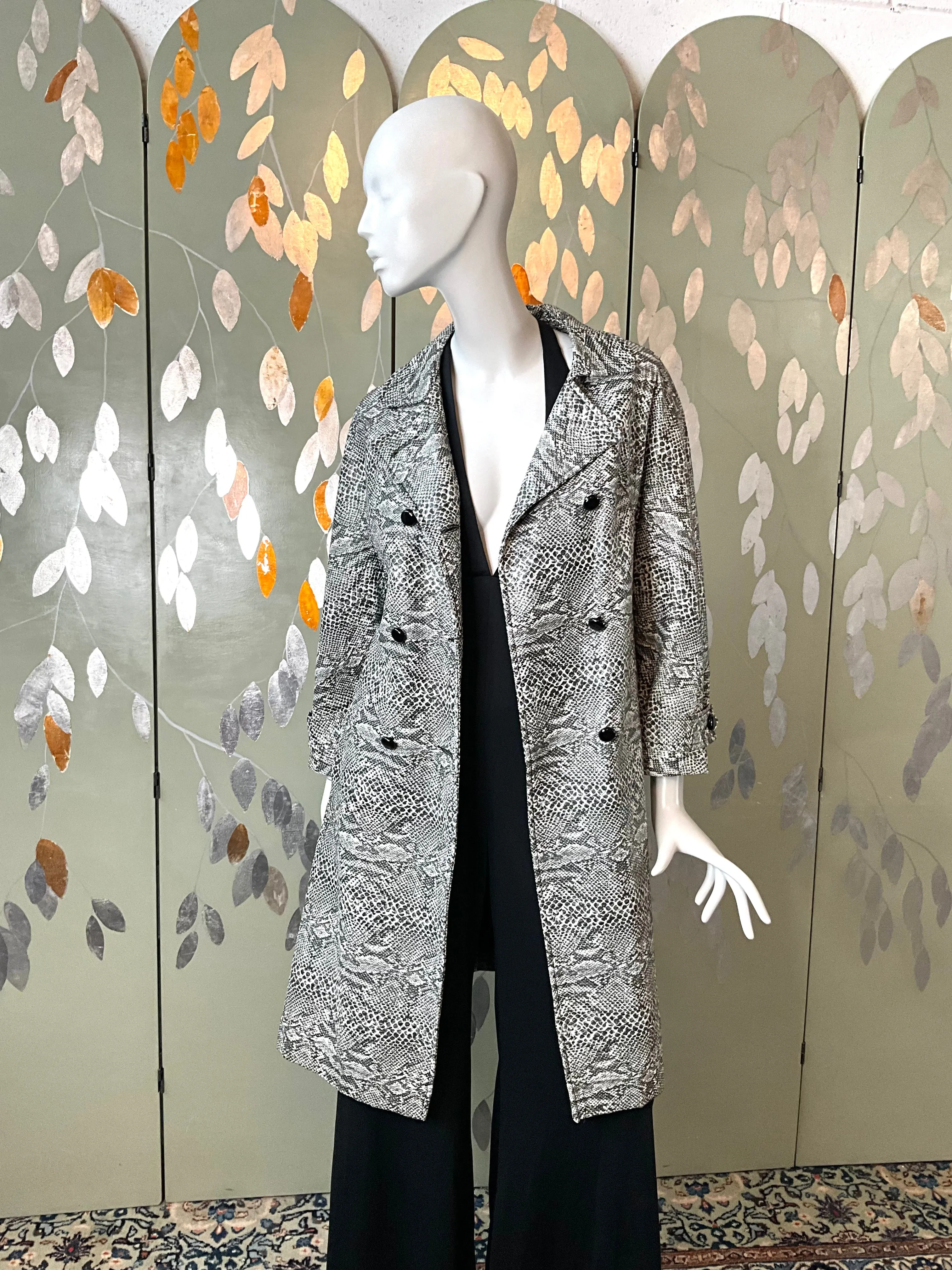 Vintage 2000s Y2K Black and White Vinyl Snakeskin Coat, Small