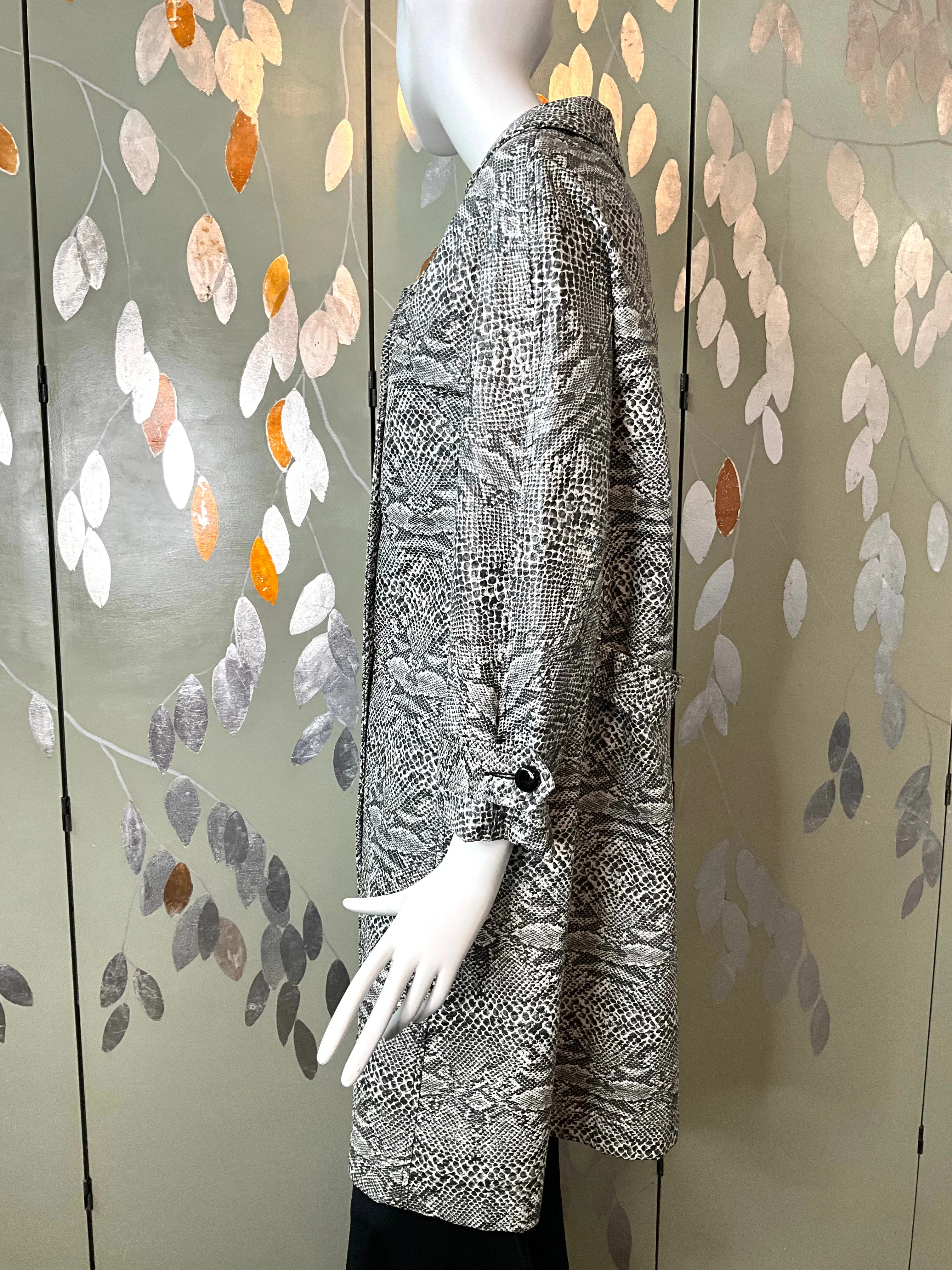 Vintage 2000s Y2K Black and White Vinyl Snakeskin Coat, Small