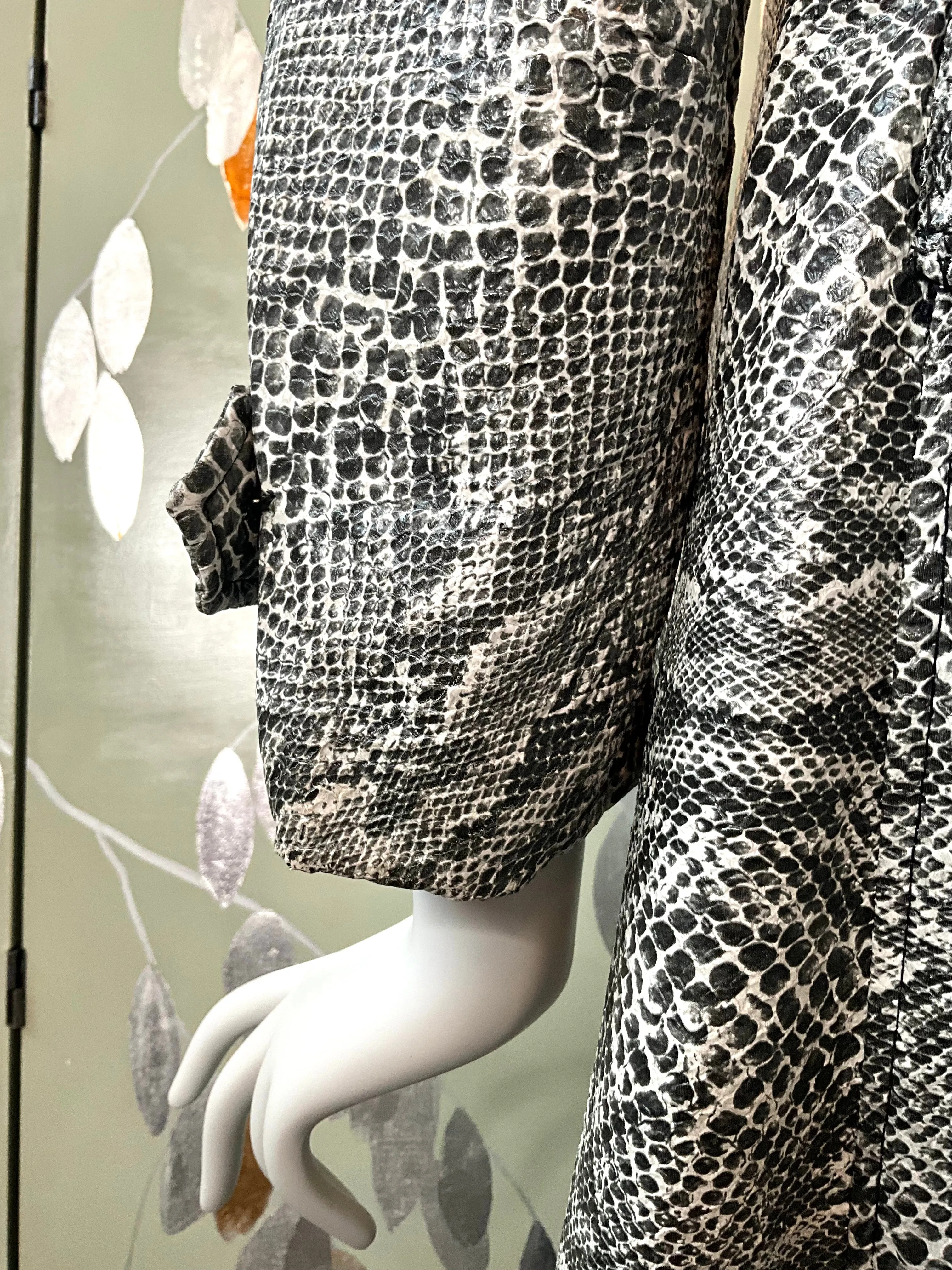 Vintage 2000s Y2K Black and White Vinyl Snakeskin Coat, Small