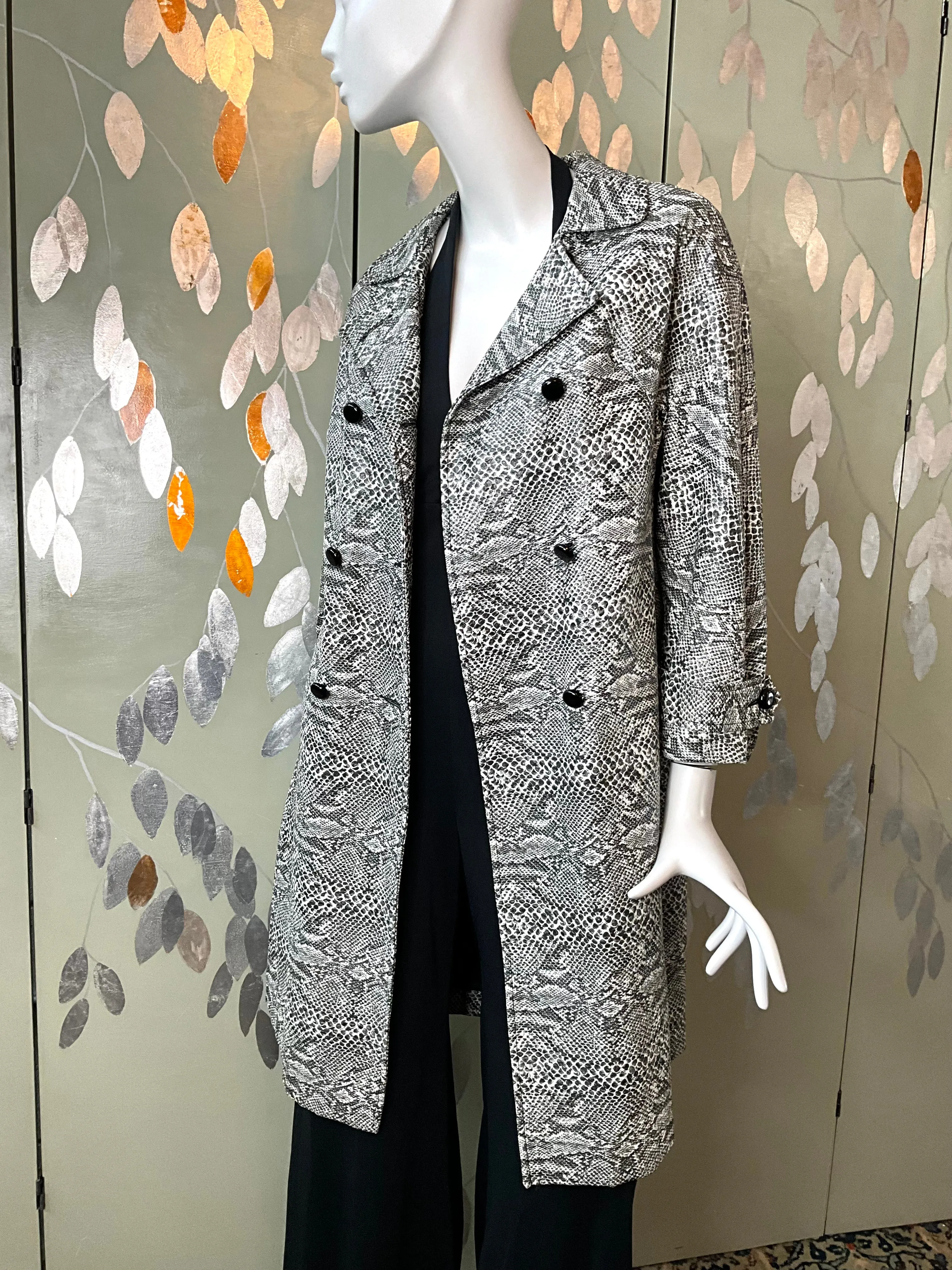 Vintage 2000s Y2K Black and White Vinyl Snakeskin Coat, Small
